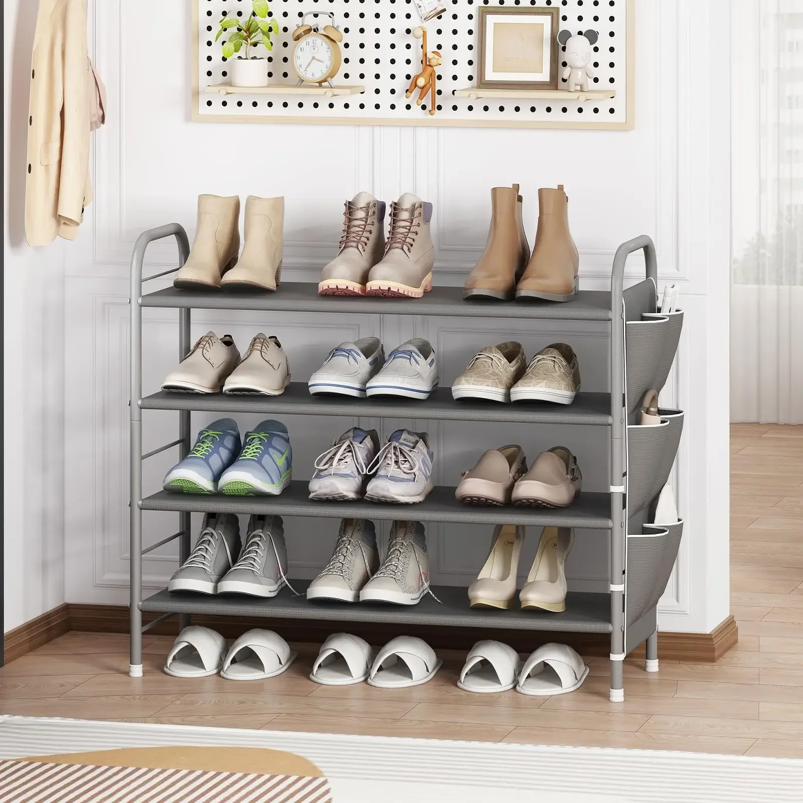 SUOERNUO Stable 4-Tier Vertical Shoe Rack Organizer - Free-Standing Iron + Fabric Shelf with Side Bag, Holds 9-12 Pairs, 10-15 kg Capacity, Bronze Organizer Storage for Entryway Bedroom, Small Room Organization