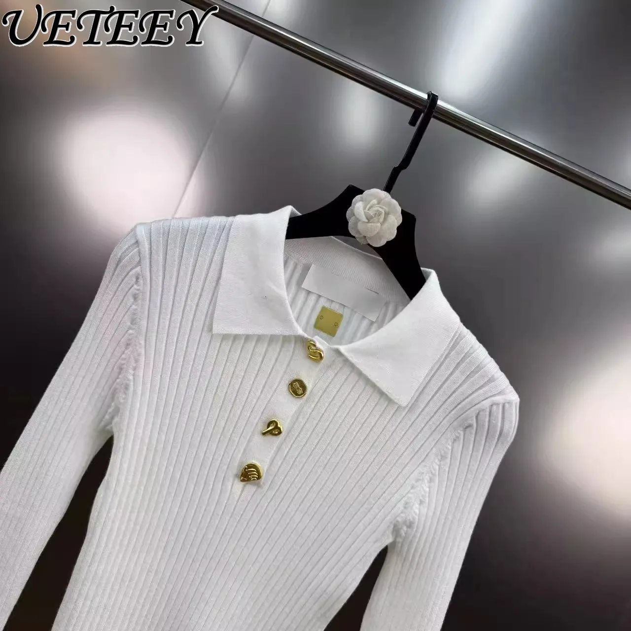 

Осень-зима, новый однобортный облегающий эластичный свитер с отложным воротником и длинными рукавами, черный вязаный пуловер во французском стиле