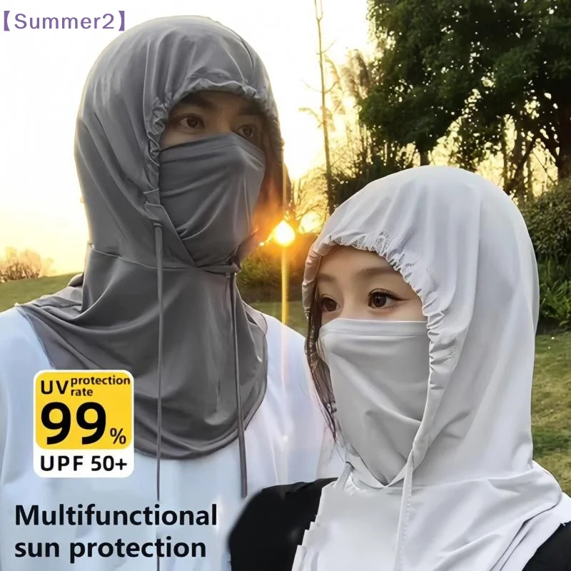 【Xia2】Ice Silk  Sun Hat Mask Integrated Summer Cooling Full Face Cover UV Protection Breathable Neck Gaiter Arm Sleeves{S}