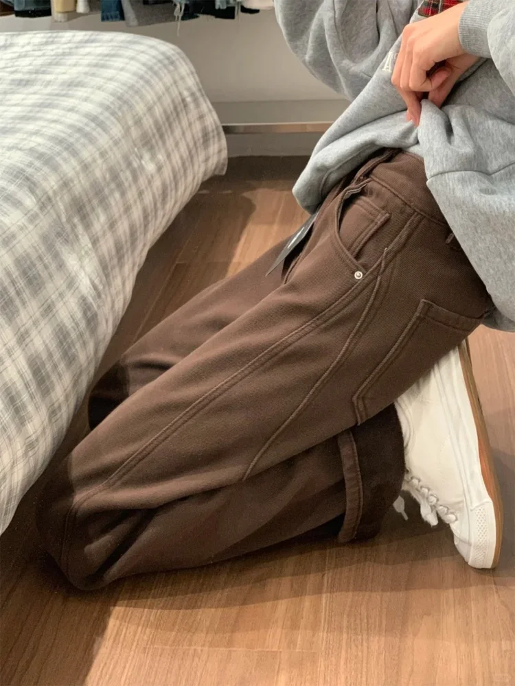 

Женские джинсы больших размеров с флисовой подкладкой, утолщенные, с широкими штанинами, с высокой талией, прямого кроя, повседневные брюки в американском стиле, джинсовые штаны