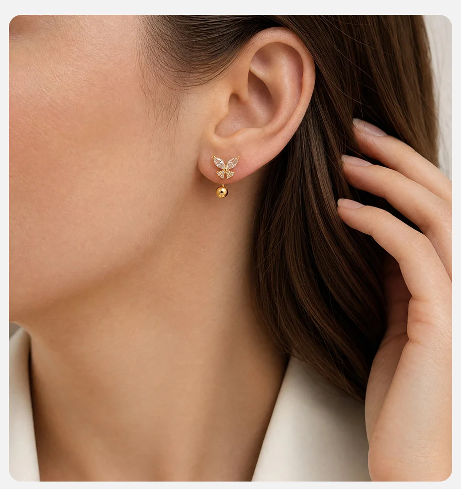 Vnox Vergoldete Elegante Schmetterlings-Stern-Zirkonia-Schraubkugel-C-förmige Ohrringe für Damen, Trendige Ohrringe, Alltagsschmuck, Party-Schmuck, Geschenk – Detail 2