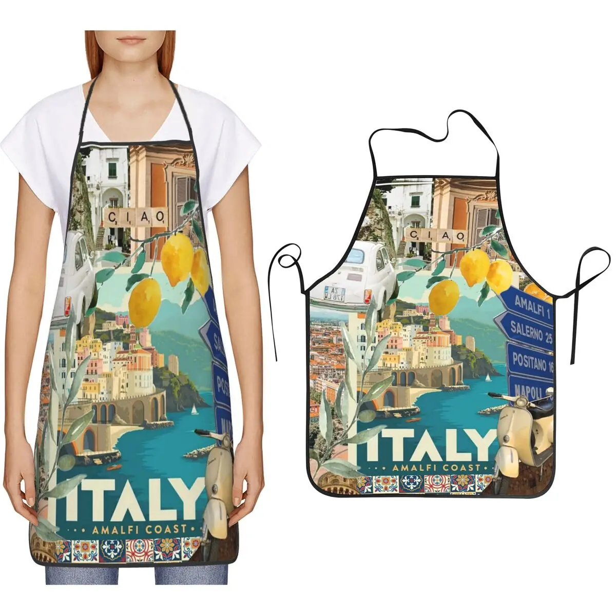 A Unisex Italian Themed Featuring Italian Symbols Apron Chef Cooking Cuisine Tablier Bib Kitchen Cleaning Pinafore for Women Men