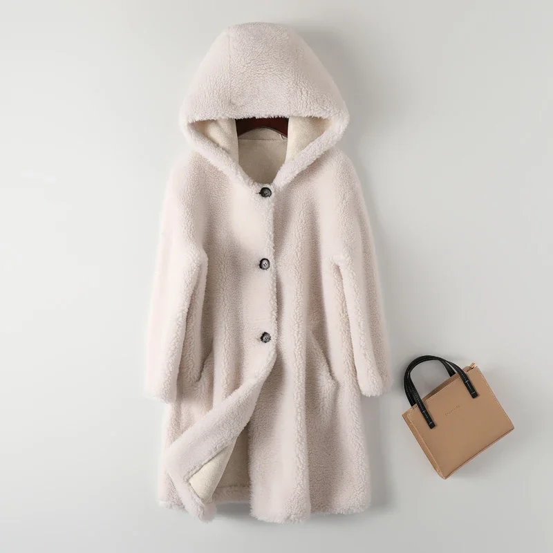 

Women 2023 Winter New Real Wool Fur Overcoats Female Natural Sheep Shearing Fur Jackets Ladies Casual Warm Hooded Outwears M141