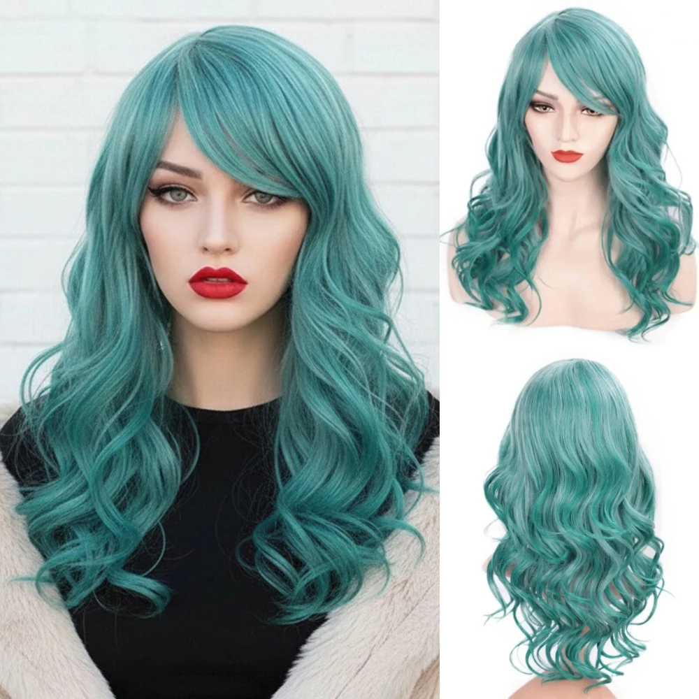 

MSIWIGS Short Green Wavy Synthetic Wigs with Side Bangs Heat Resistant Cosplay Wig for Women