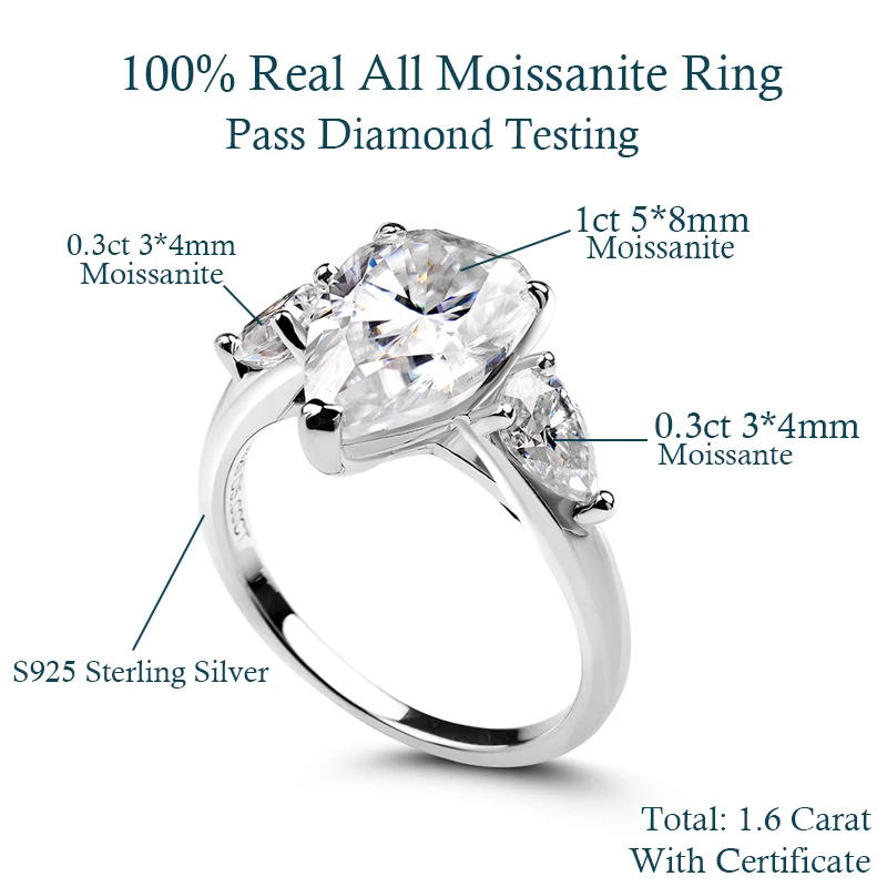 1-5CT peer geslepen miossaniet ring GRA gecertificeerd 925 sterling verzilverd 18K D VVS1 Lab diamanten bruiloft verlovingsband voor vrouwen