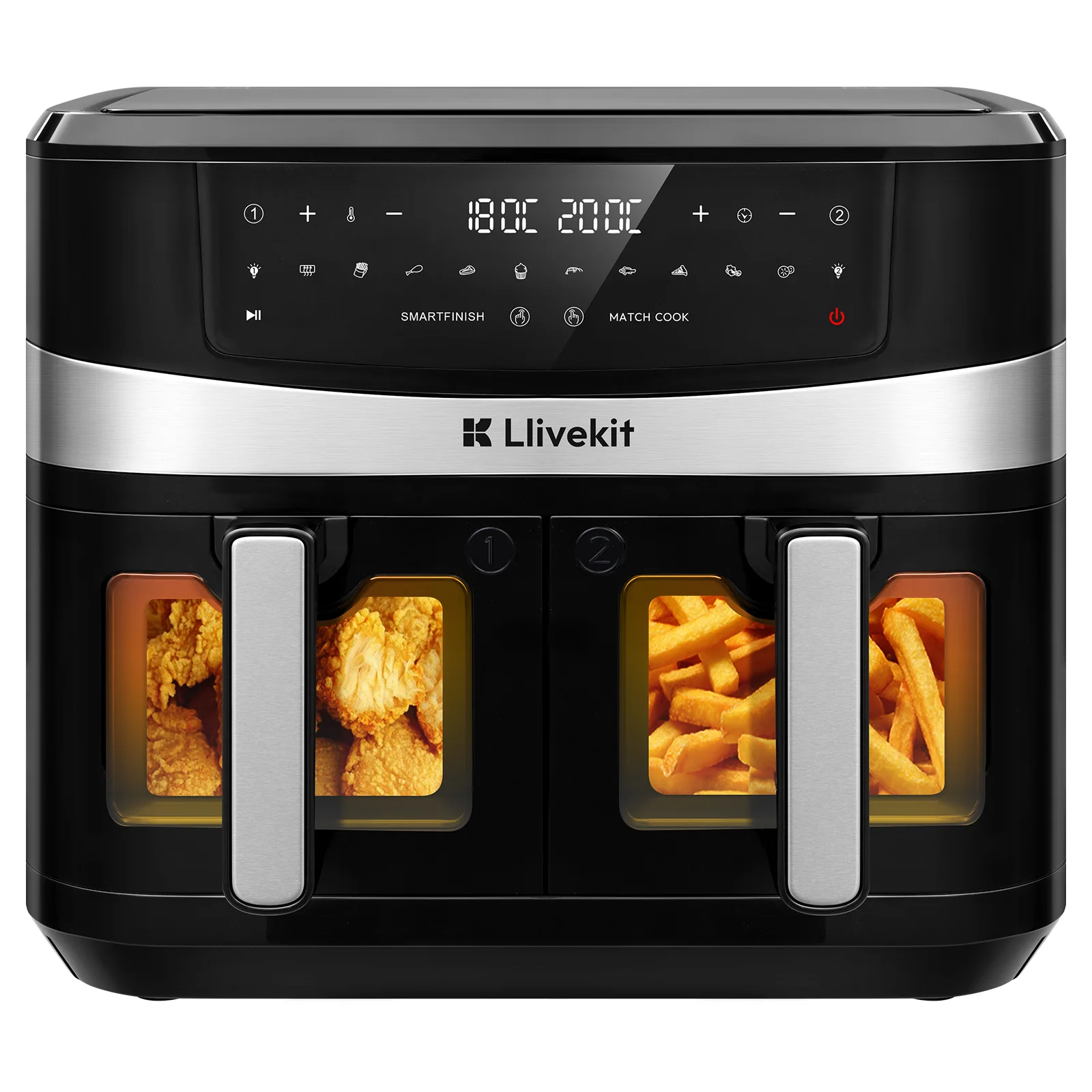 LLIVEKIT Freidora de Aire 10L 12 en 1, Horno Eléctrico sin Aceite con Asador, Brochetas, Rejilla, Precalentamiento y Deshidratación 2800 W