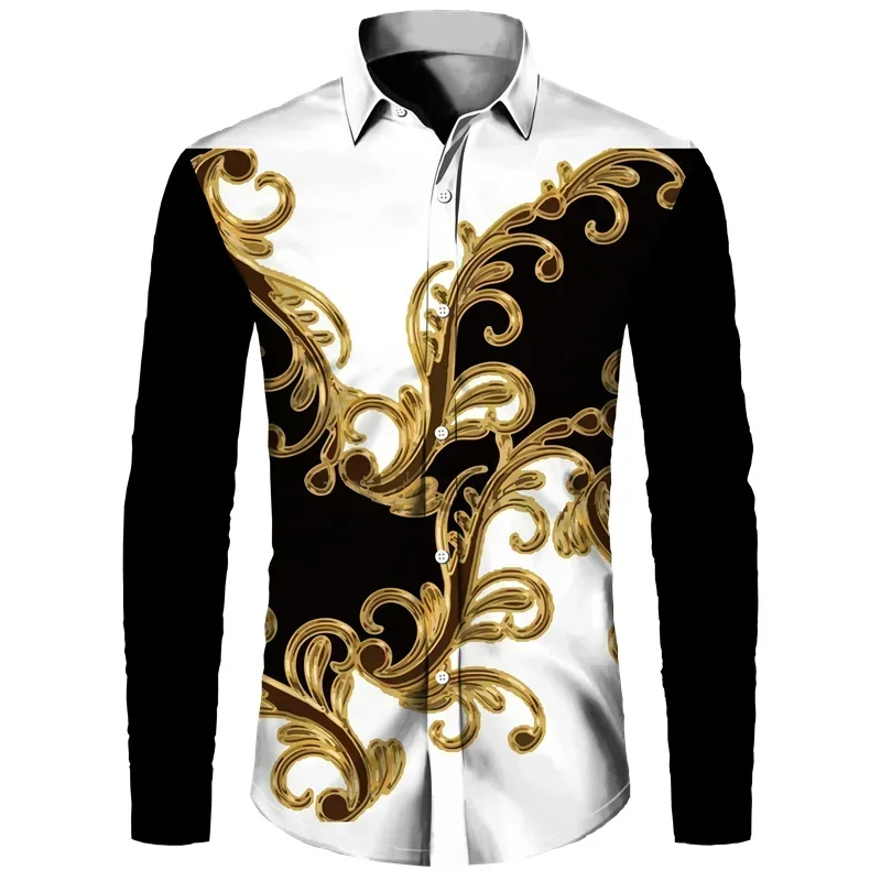 2024 Luxury Golden Flower Chain 3D Print Men Long Sleeve Shirt Casual Mens Designer Clothing Streetwear Lapel Button Shirts