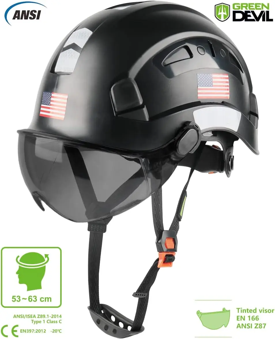 Safety Helmet Hard Hat with Visor Chinstrap Adjustable Lightweight Vented ABS Work Helmet Suspension ion