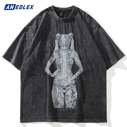 2022 Men Washed T Shirt Hip Hop Streetwear Japanese Cartoon Tattoo Girl Graphic T-Shirt Vintage Tops Cotton Short Sleeve Tshirt