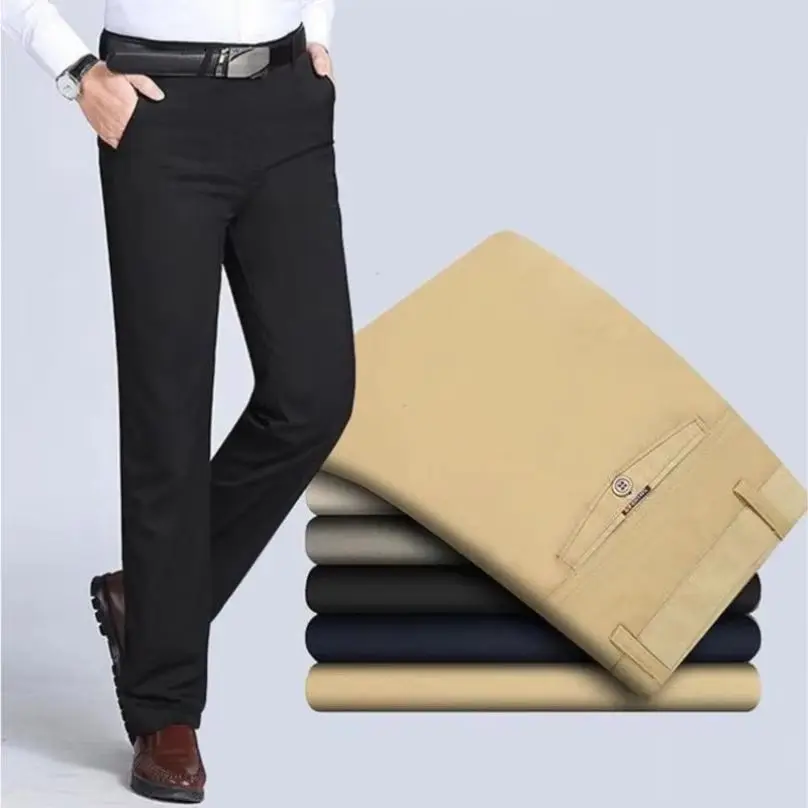 Men's 100% Cotton Spring Summer Thin Suit Pants Middle-aged Slacks High Waist Straight Loose Solid Business Casual Father Pants