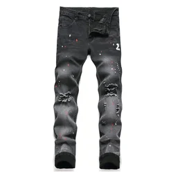 Men Black Skinny Denim Spot Jeans Male Ripped Stretch Fit Jeans Men Slim Trousers Fit Long Jeans Pants Streetwear Casual Jeans