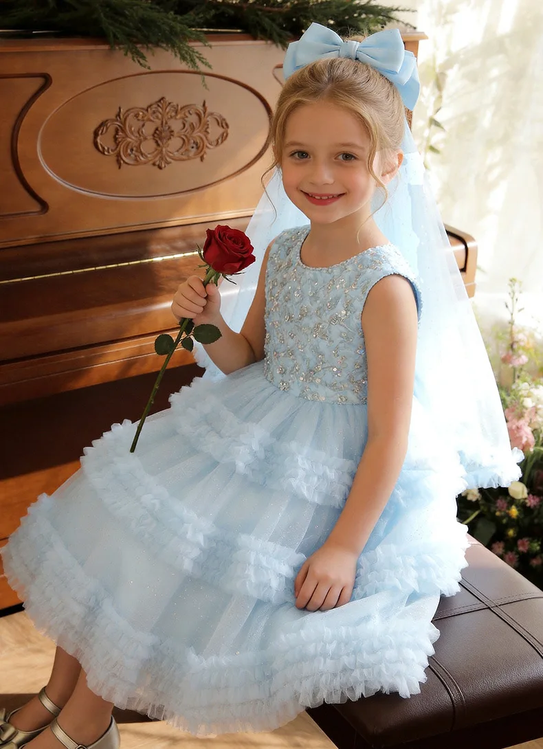 

New Baby Summer Girls Teenage Sequined Mesh Tutu Dress, Princess Kids Fashion Blue Pink Dresses 5- 12 Tes