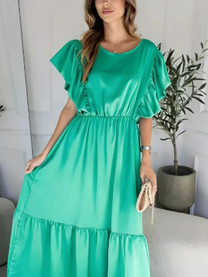

Casual O-neck Ruffles Loose Maxi Dress Summer High Waist Solid Color Commute Dress Women Simple O-neck Short Sleeve Party Dress
