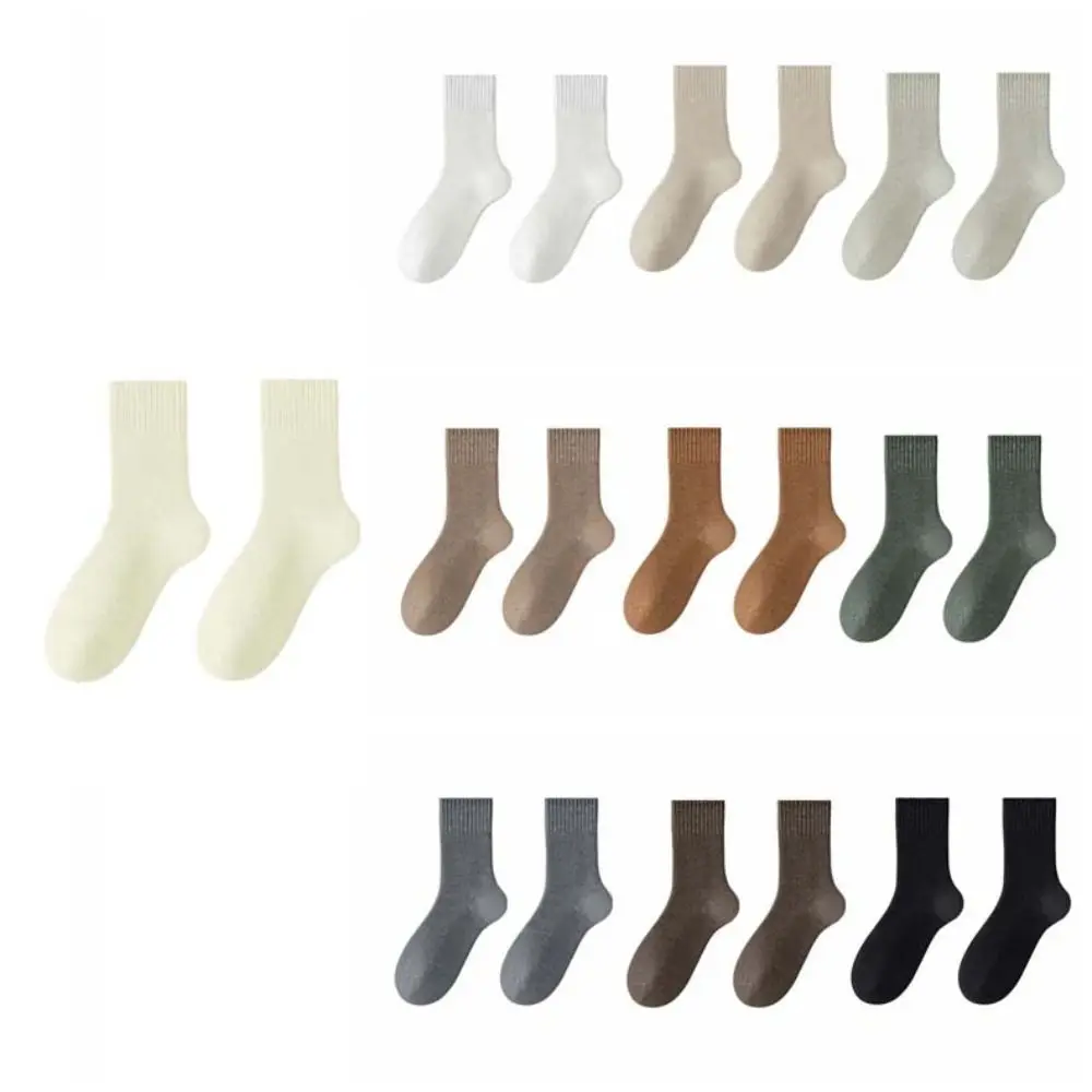5Pairs Simple Thicken Warm Socks Stripe Solid Color Thermal Mid Length Socks Mid Tube Thicker Winter Socks Men Men Boy