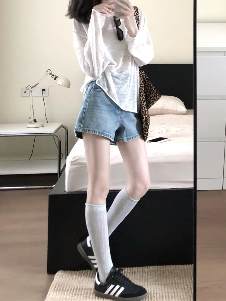 

American Style High Waist Light Blue Washed Denim Shorts Women's Summer Loose Slimming Casual Wide Leg Hot Pants