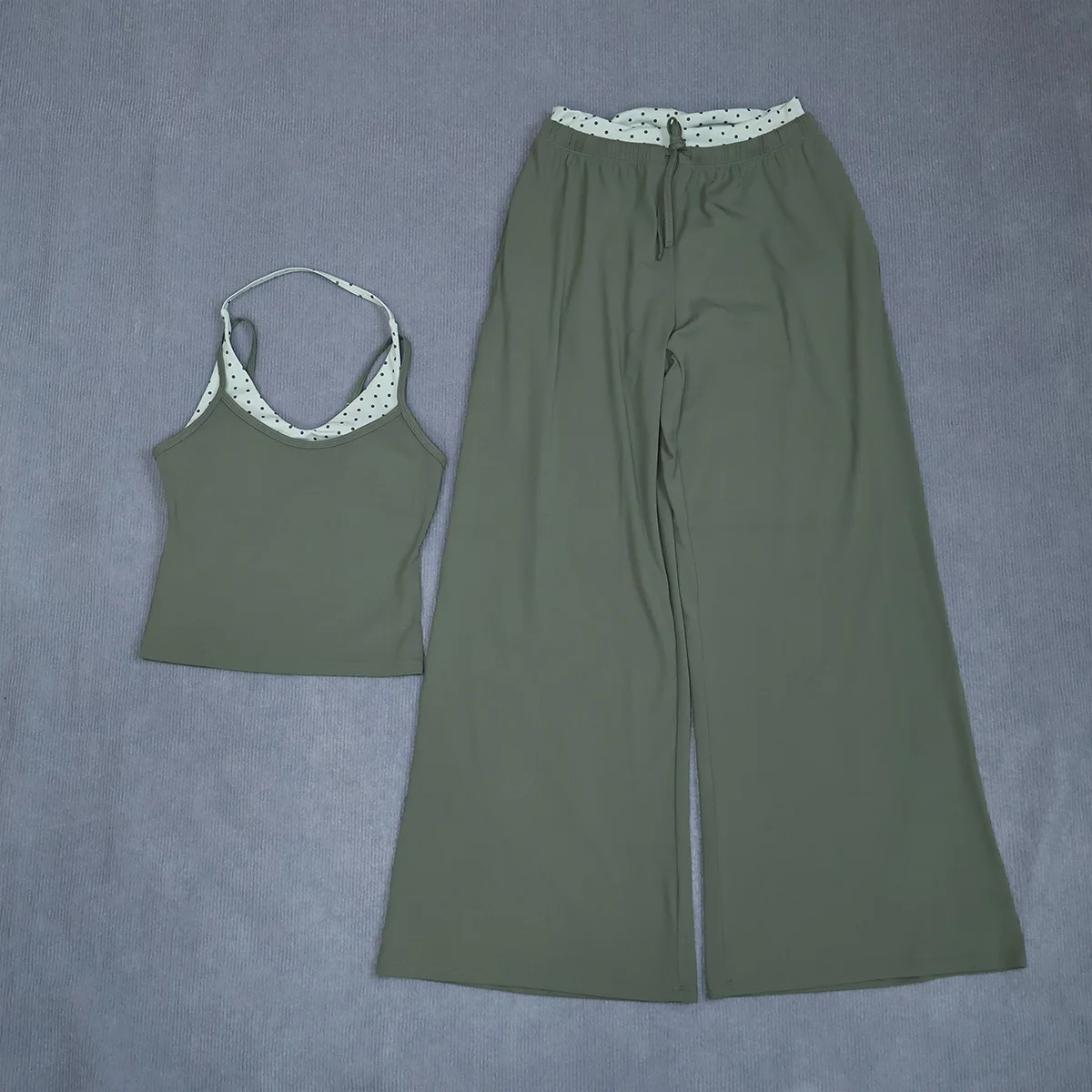 Damen-Yoga-Set, 2-teilig, Polka-Dot-Verzierung, Tanktop, Hose mit Kordelzug und elastischem Bund, weite Beine, für Training, Fitnessstudio, Laufen, Freizeit und Sport. – Detail 15