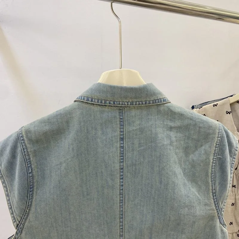 Chaquetas vaqueras sin mangas para mujer, cuello vuelto, bolsillos, botones, Tops Vintage para mujer, moda coreana holgada, lisa y sencilla