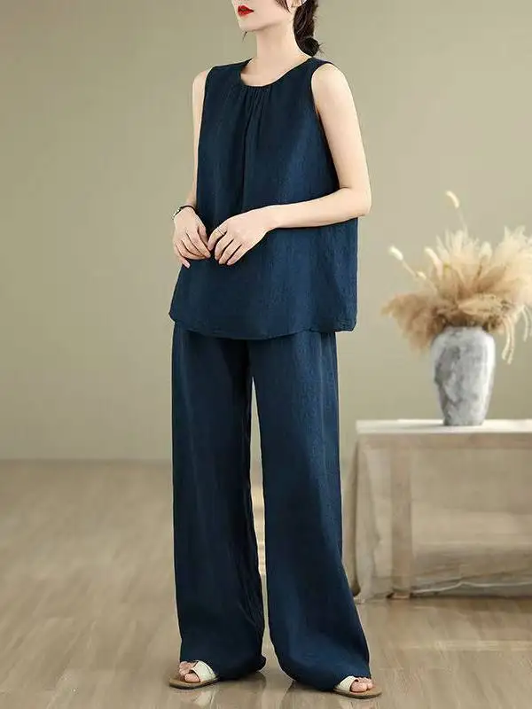   2025년 여름 블루 린넨 와이드 레그 팬츠 세트 고급 루즈핏 슬림핏 다용도 여성 출퇴근복