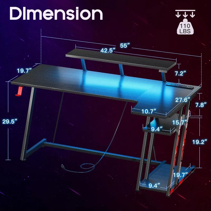 Gaming Desk with LED Lights & Power Outlets, 55 Inch L Shaped Gaming Computer Desk with Storage Shelf, Gamer Desk