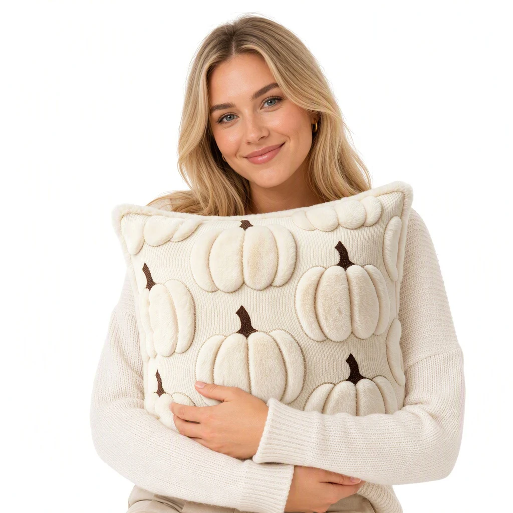 Hidden Zipper Halloween Cushion Cover 18x18 Pumpkin Ghost Plush Faux Fur Embroidery Sofa Couch Living Room