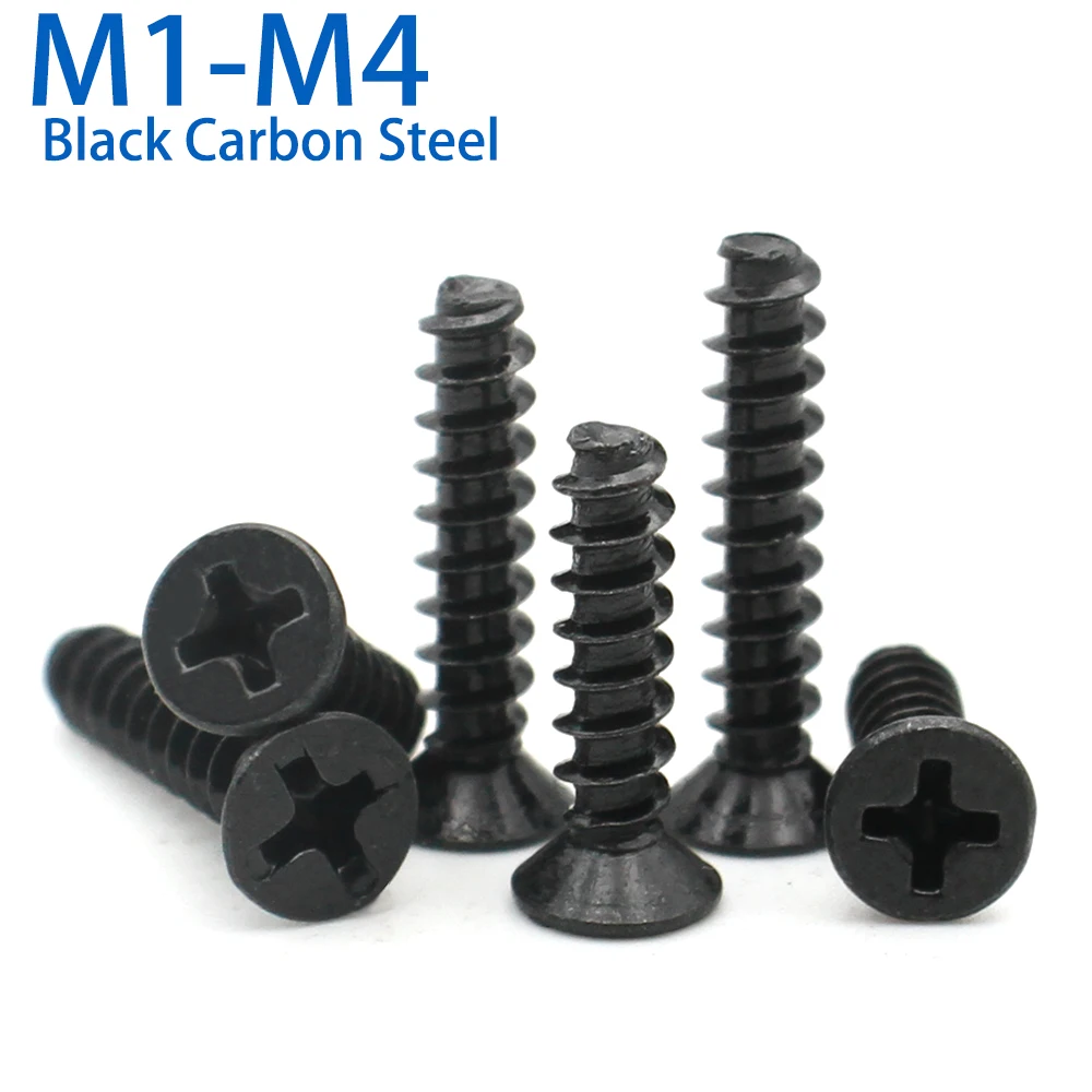 50-200pcs M1~M4 Black Carbon Steel Cross Recessed Countersunk Head Flat Tail Self-tapping Screws