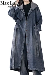 Max LuLu 2024 Korean Ladies Fashion Denim Hooded Belt Trench Loose Vintage Coats Womens Luxury Classic Long Casual Windbreakers