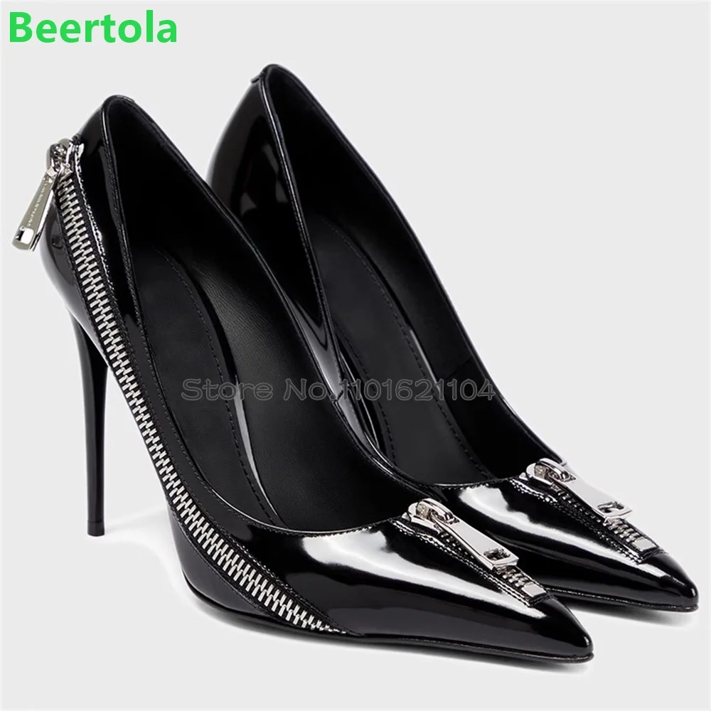 

Black Pumps Thin High Heel Zipper Luxury Design For Female Women 2024 New Pointed Toe Solid Shallow Elegant Fashion Sexy Shoes