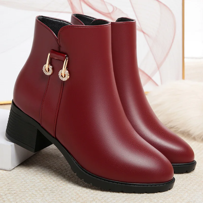 Women\'s Soft Leather Ankle Thick Heel Short Boots Casual Autumn Winter Thick  Shoes New  Korean Style Fashion Mom Boots