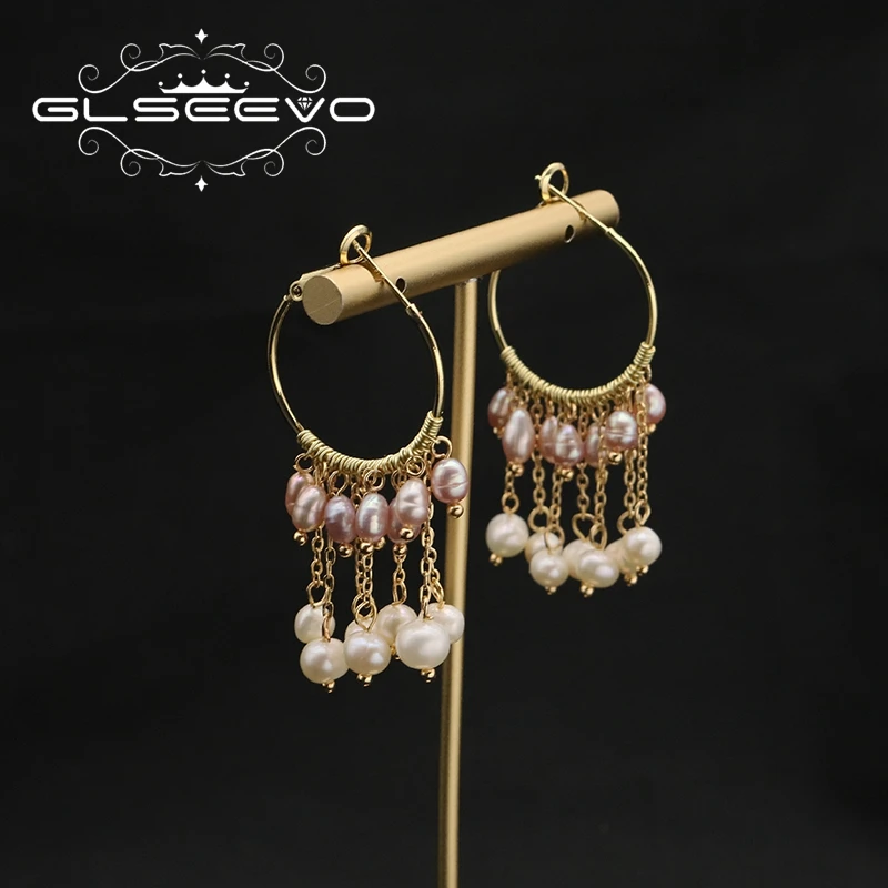 GLSEEVO Natural Freshwater Purple White Pearls Chain Drop Earrings For Woman Exaggeration Big Style Fashion Retro Luxury Jewelry