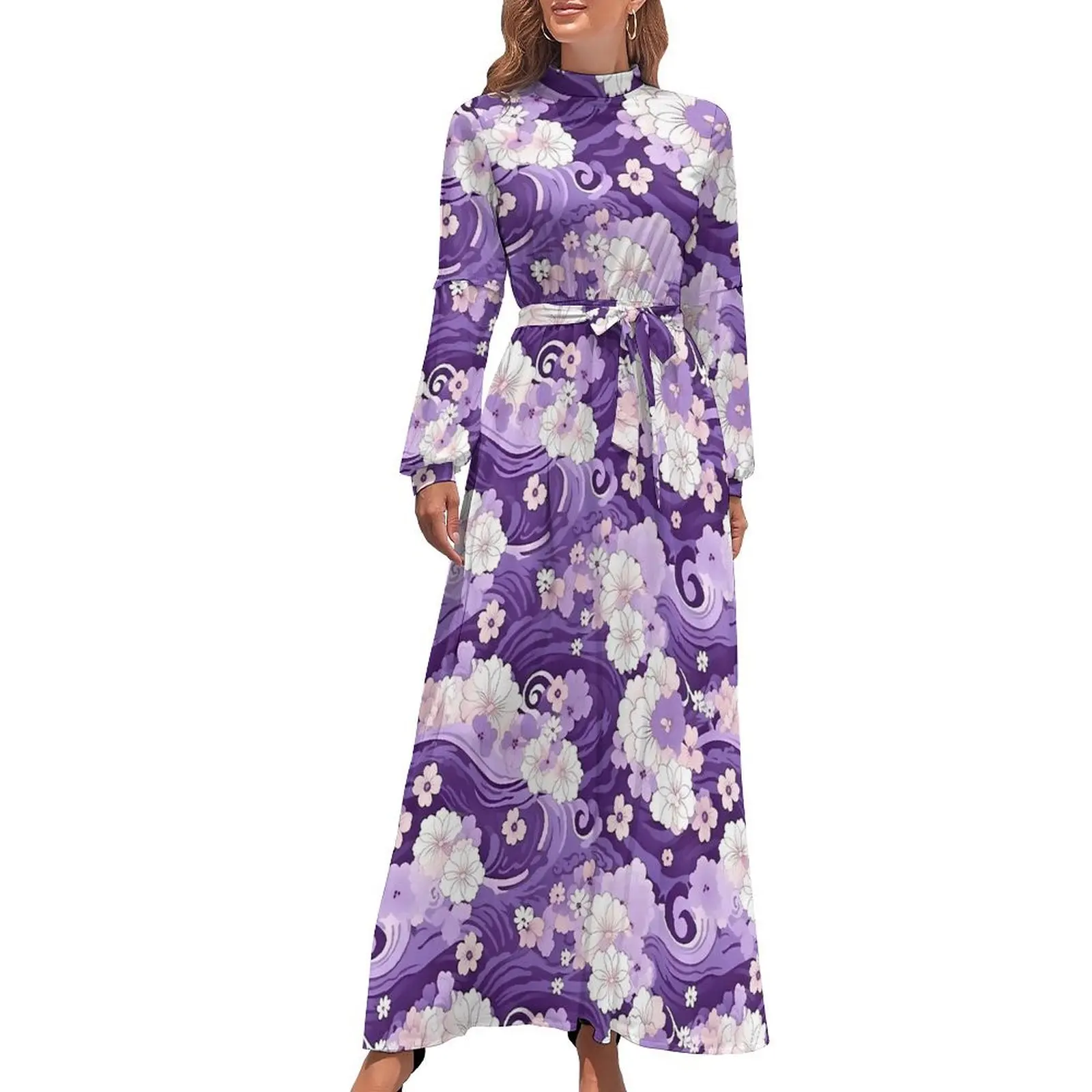 Japanese Art Dress High Neck Purple Kimono Pattern Custom Bohemia Dresses Long-Sleeve Casual Long Maxi Dress Elegant Clothing