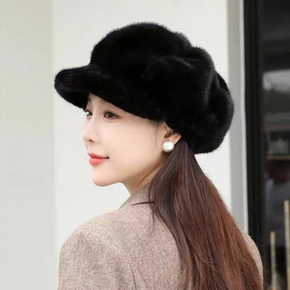 Fashion Solid Color Imitation Mink Beret Lightweight Thick Warm Peaked Cap Versatile Cloud Hat Outdoor