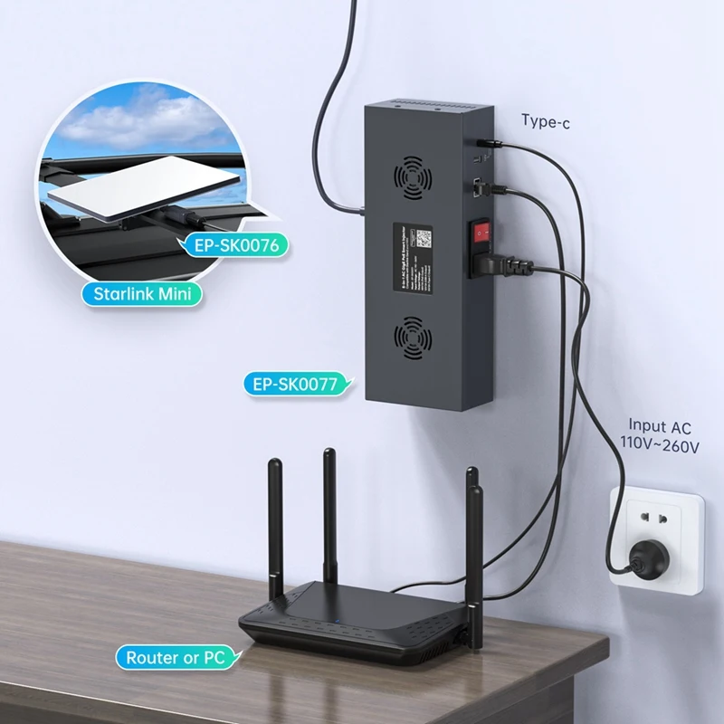 حاقن POE لـ Starlink Mini لـ Starlink Mini POE Injector 5-In-1 AC POE حاقن ذكي لـ Starlink Mini US-PLUG