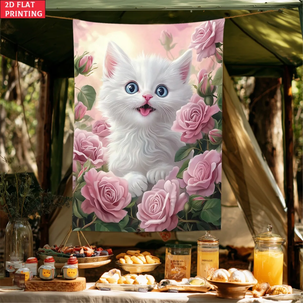 Cute white kitten rose garden tapestry floral cat art wall hanging bedroom decor soft pastel colors baby room nursery art