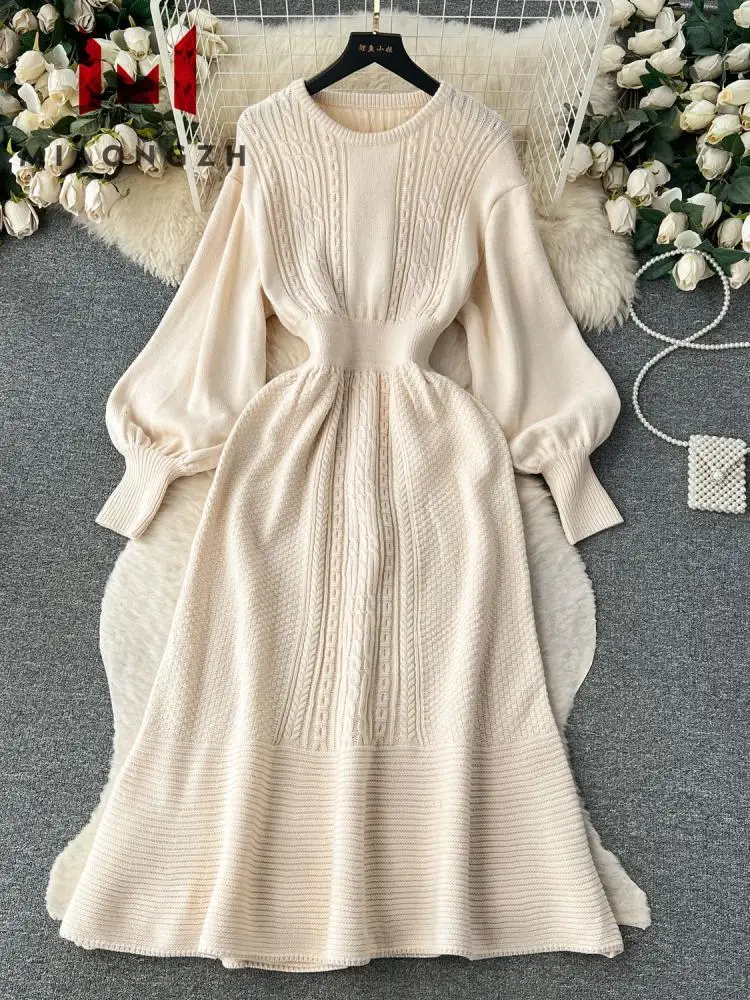 

2024 Autumn Winter New Round Neck Puff Sleeve Women's Knitted Dress High Waist Solid Vintage Fashion Pullover Party Dresses Chic