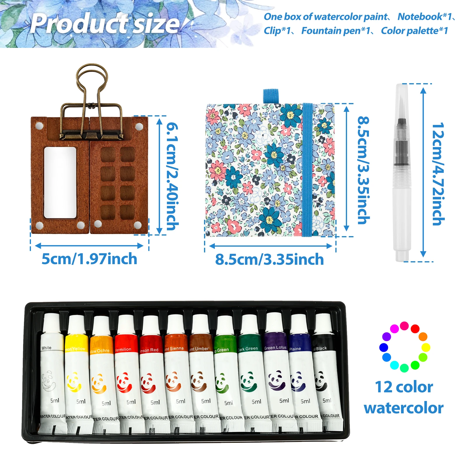 Mini Watercolour Paint Set Travel Portable Paint Palette Kit Pocket Wooden Palette Set with Clip and Pen for Artists Painters