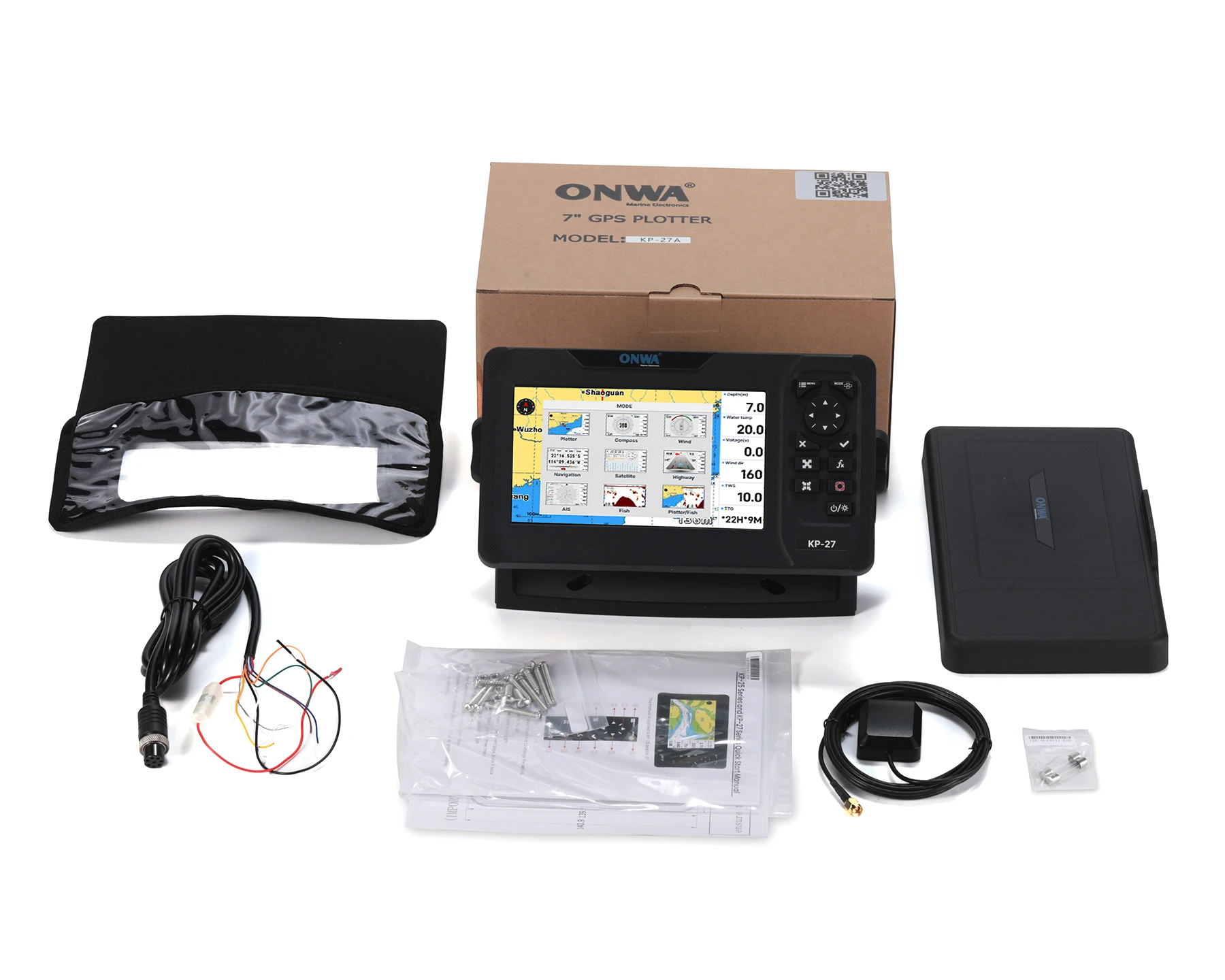 ONWA KP-27A 7-inch Color LCD GPS Chart Plotter with GPS Antenna and Built-in Class B+ AIS Transponder Combo Marine GPS Navigator