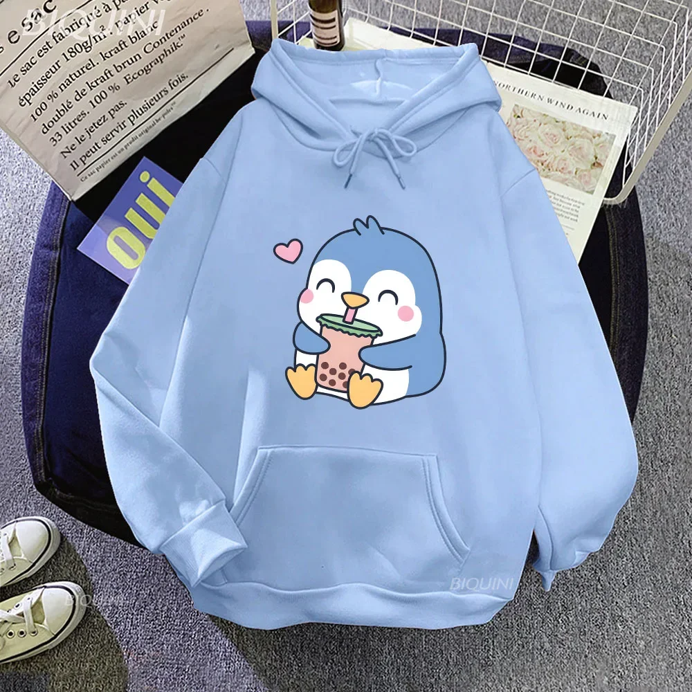 Bubble Boba Milk Tea Cartoon Hoodies Women Penguin Graphic Sweatshirts Unisex Clothes Kawaii Anime Harajuku Plus Size Hoodie