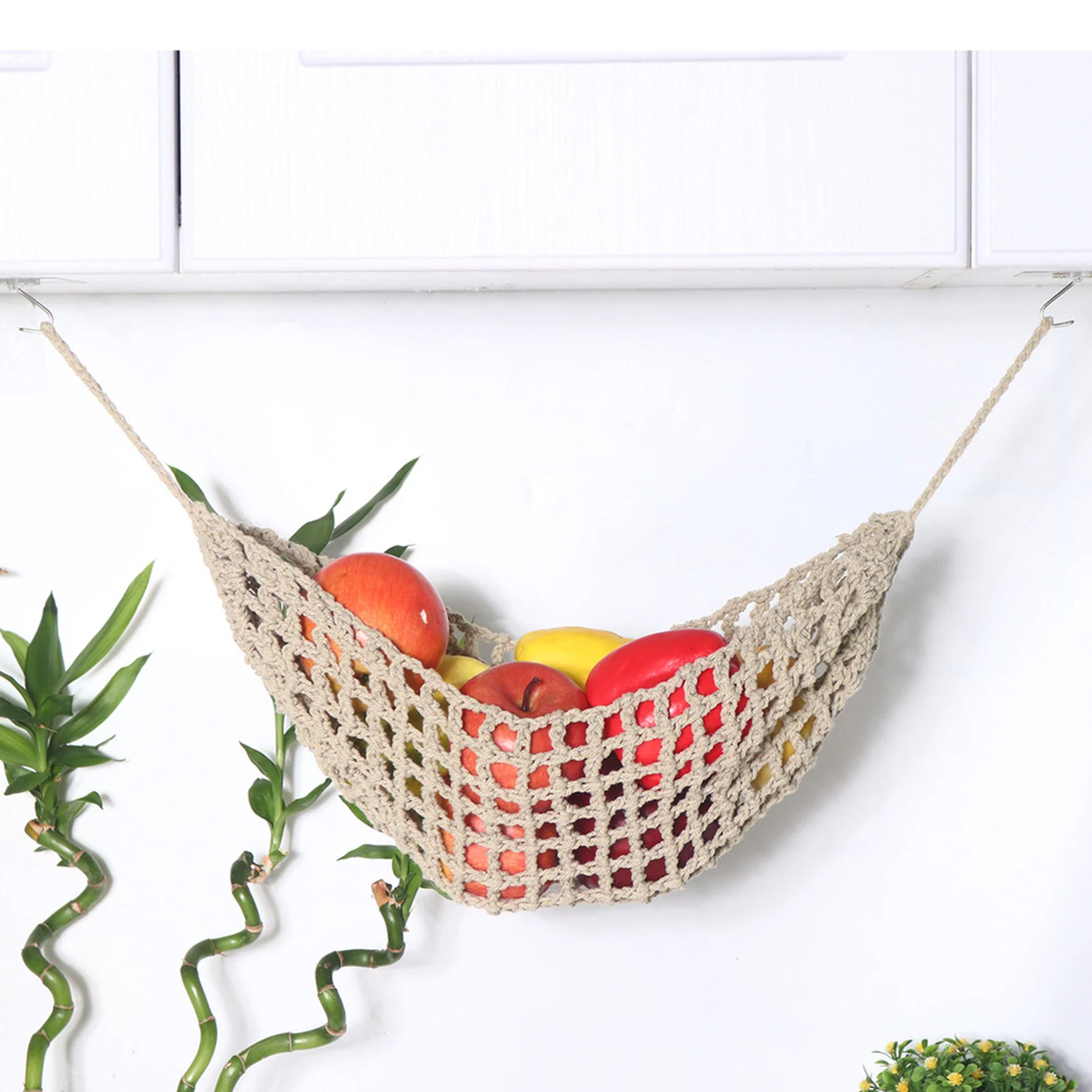 Hand-Woven Macrame Vegetable Hammock Net Under Cabinet Fruit Han ging Basket Kitchen Storage Organizer Ha ng MiniTapestry Decor