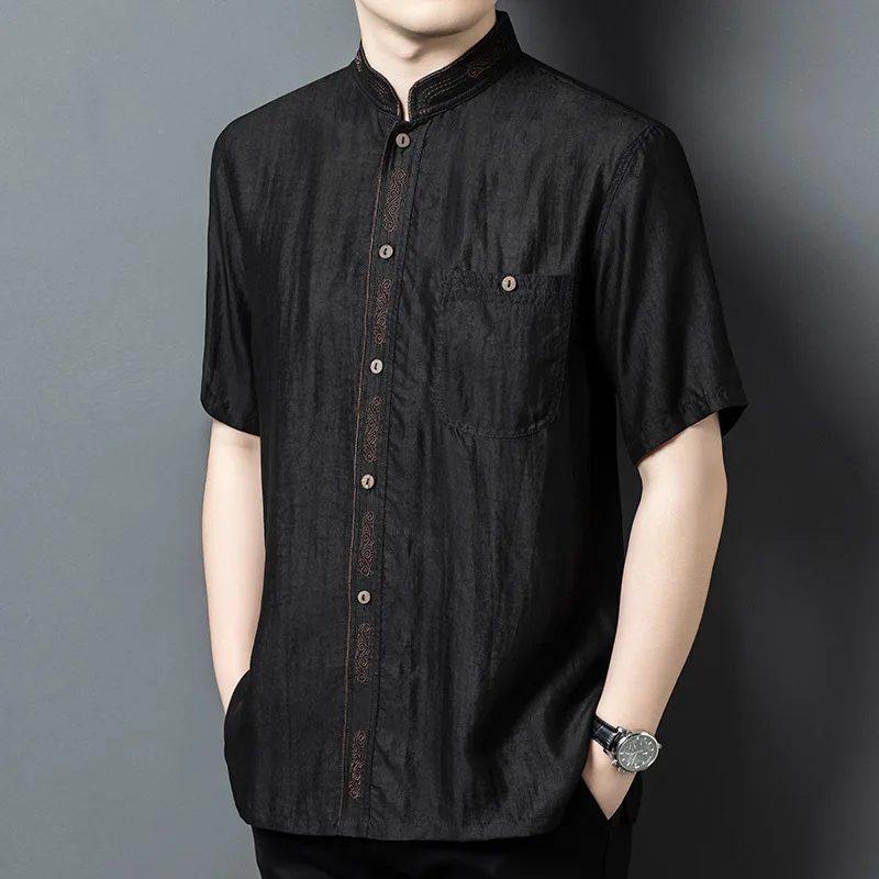 

Real Silk Heavy Crack Xiangyun Yarn Men's Stand Collar Short Sleeve Suit Upper Clothes Clothing for Middle-Aged Dad Shirt Men