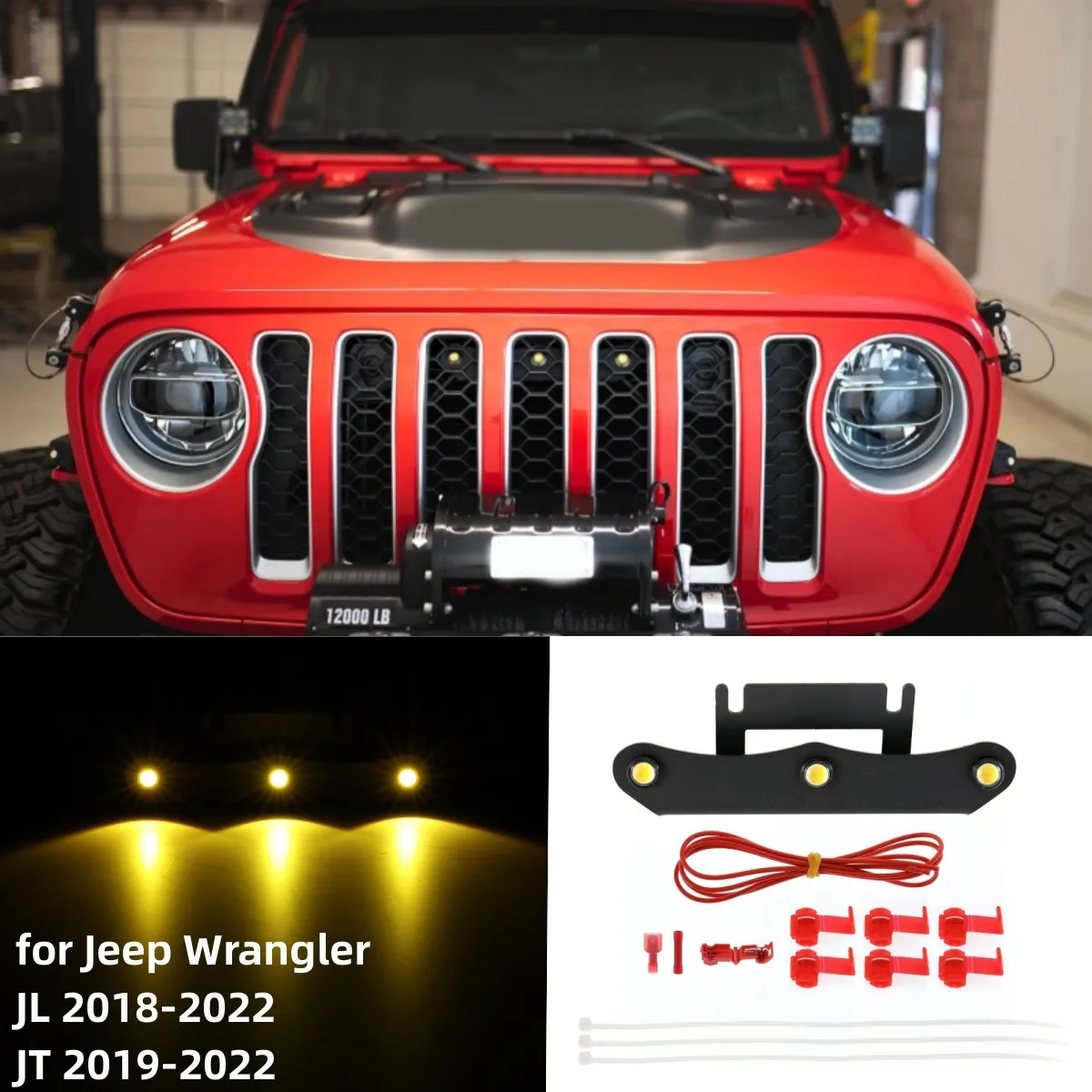 

Car Front Hood Front Grille Lights with Harness ( Amber Light) fit for Jeep Wrangler JL 2018-2022 JT 2019-2022