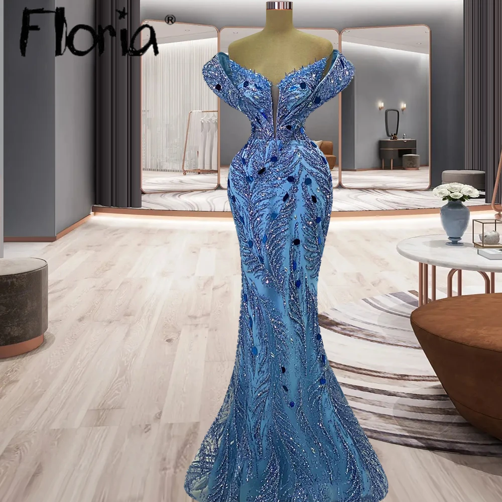 

Elegant Full Beaded Mermaid Evening Dresses Blue Crystal Boat Neck Floor Length Prom Dress Formal Celebrity Gowns Robe De Soiree