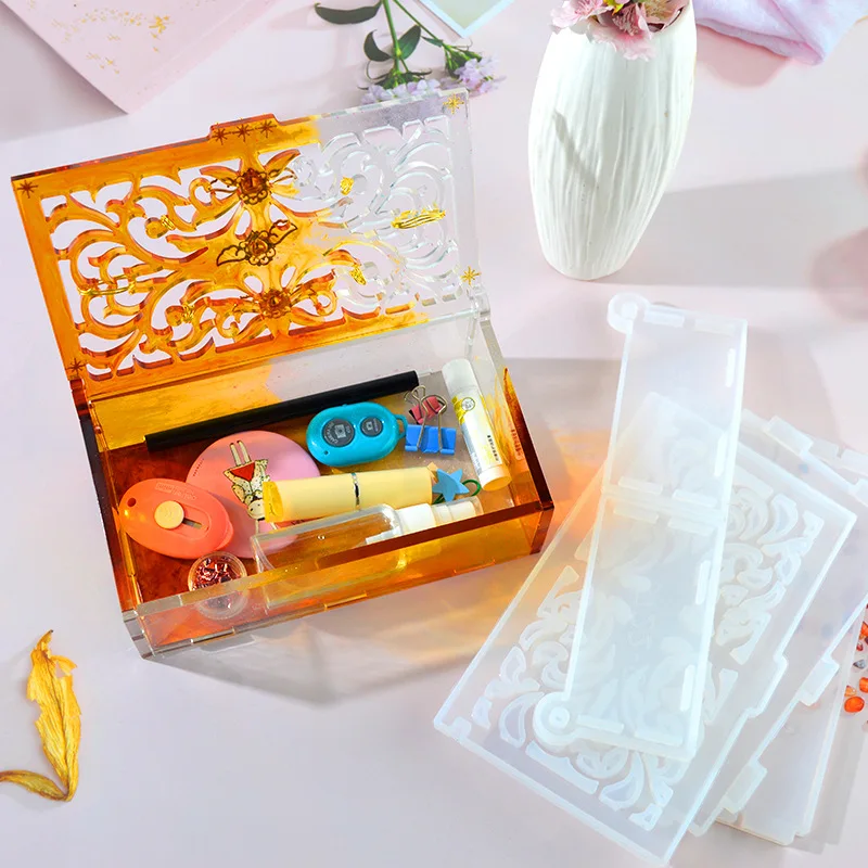 DIY Mirror Silicone Mold Square Flip-top Collection Box Pattern Hollow Storage Box Resin Silicone Mould Home Decoration Molds