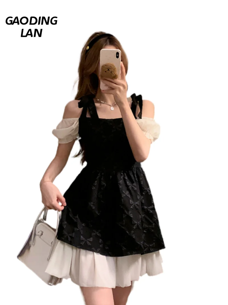 

L-4XL Slash Neck Jacquard Weave Slip Dress Women Color Block Black Dresses Summer Escaping Princess A Line Temperament Dresses