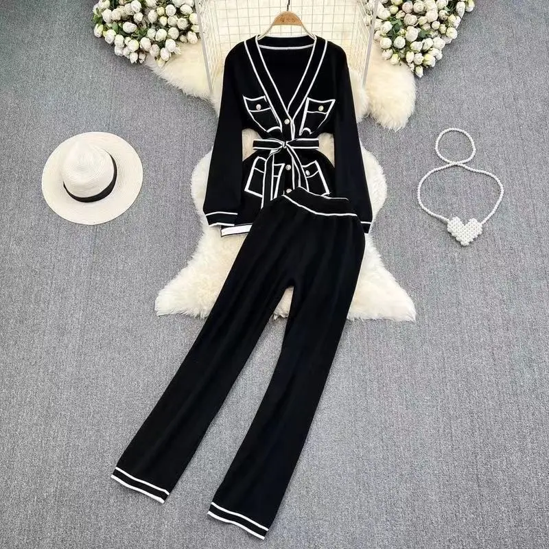 Women's Spring and Autumn Vintage V-neck Contrast Button Long Sleeved Knitted High Waist Straight Leg Wide Leg Pants Set of Two