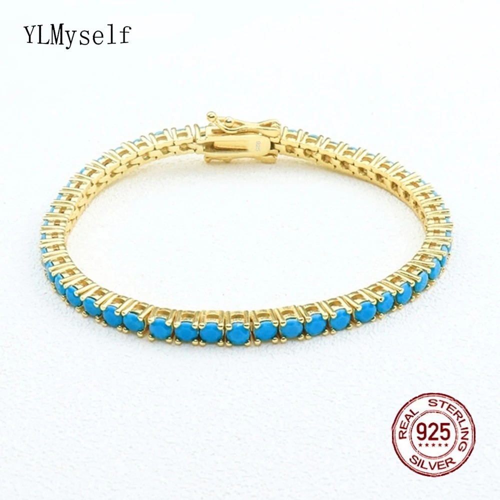 

Pure Silver 15-21 cm Tennis Bracelet Pave 3 mm Turquoise Blue Stone Rhodium/Gold Plated Real 925 Jewelry For Women/Men