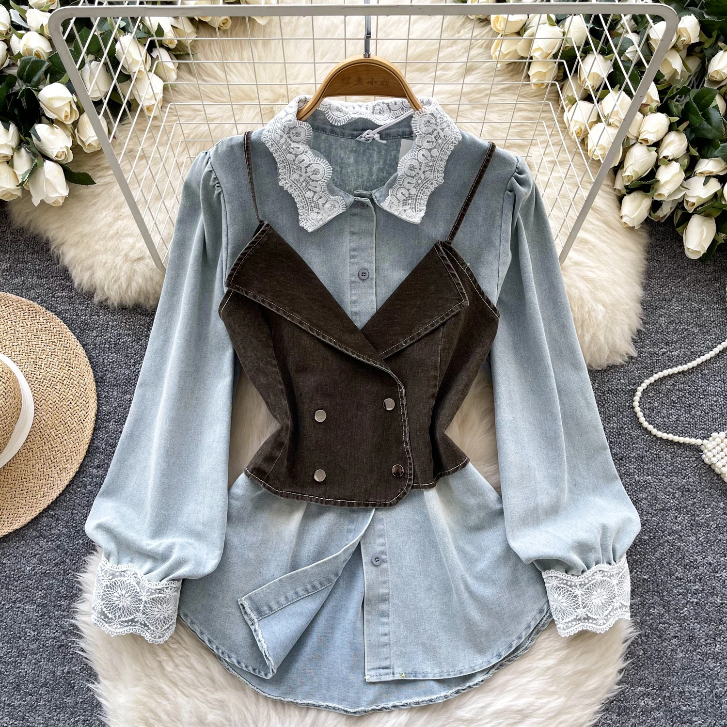 All-Matching Wear Denim Neckholder Weste Tops + Spitzenrevers Langarm Jeanshemd für Damen