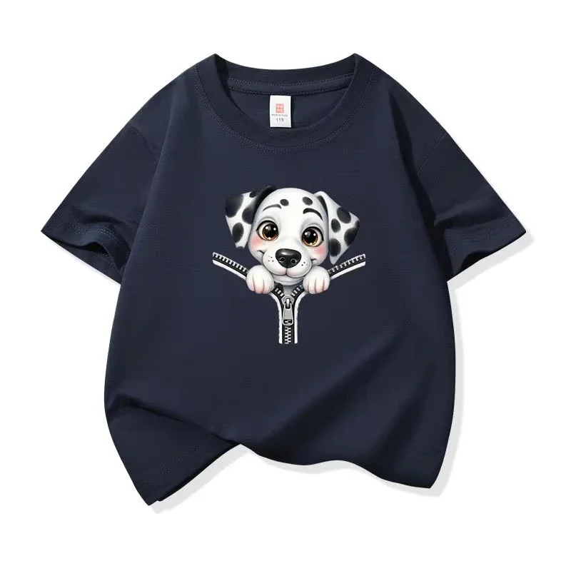 Kids Short Sleeve T Shirt Cute Dalmatian Puppy Zipper Peeking Graphic Print Crew Neck Summer Casual Boys Girls Top