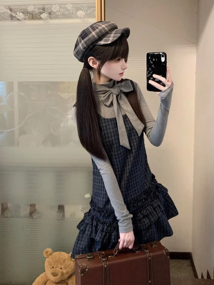 

Elegant Bodycon Women Long Sleeve Office Lady Pure Color Autumn New Japanese Vintage Design Bow Top & Plaid Dress Set 2025 New