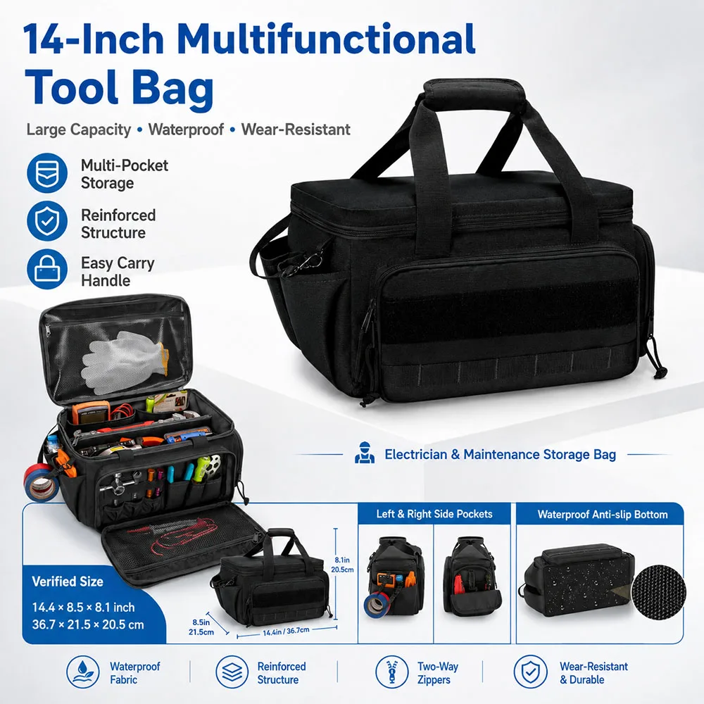 14inch Multifunctional Tool Bag Thickened Large Capacity Waterproofed Wear-Resistant Toolkit MultiPocket Electrician Storage Bag