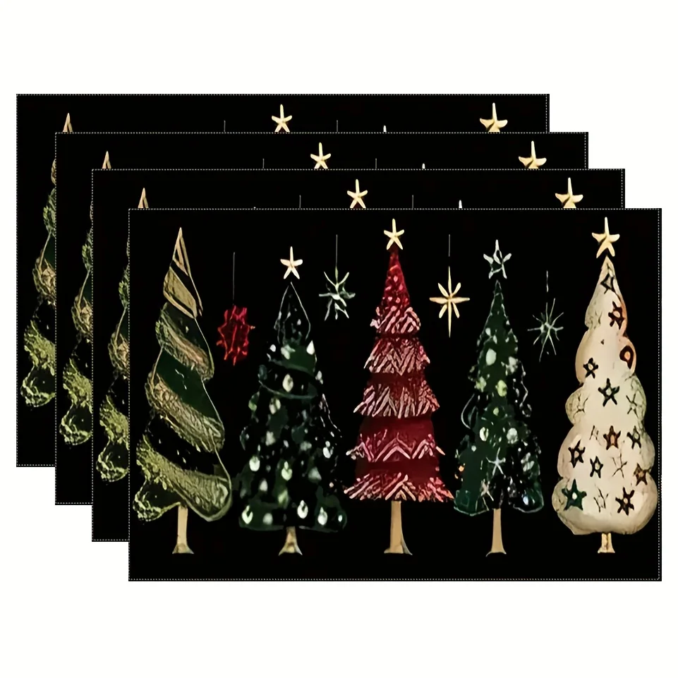 Multi Style Christmas Tree Black Background Printed Placemats Heat Resistant Modern Xmas Night Party Indoor Table home Decor